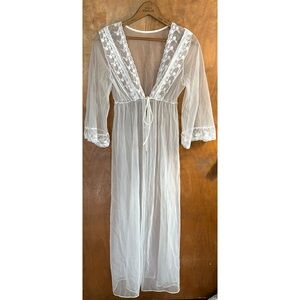 Vintage White Sheer Mesh Lace Trim Maxi Robe Jacket Y2K Boho Ethereal Fairy Goth